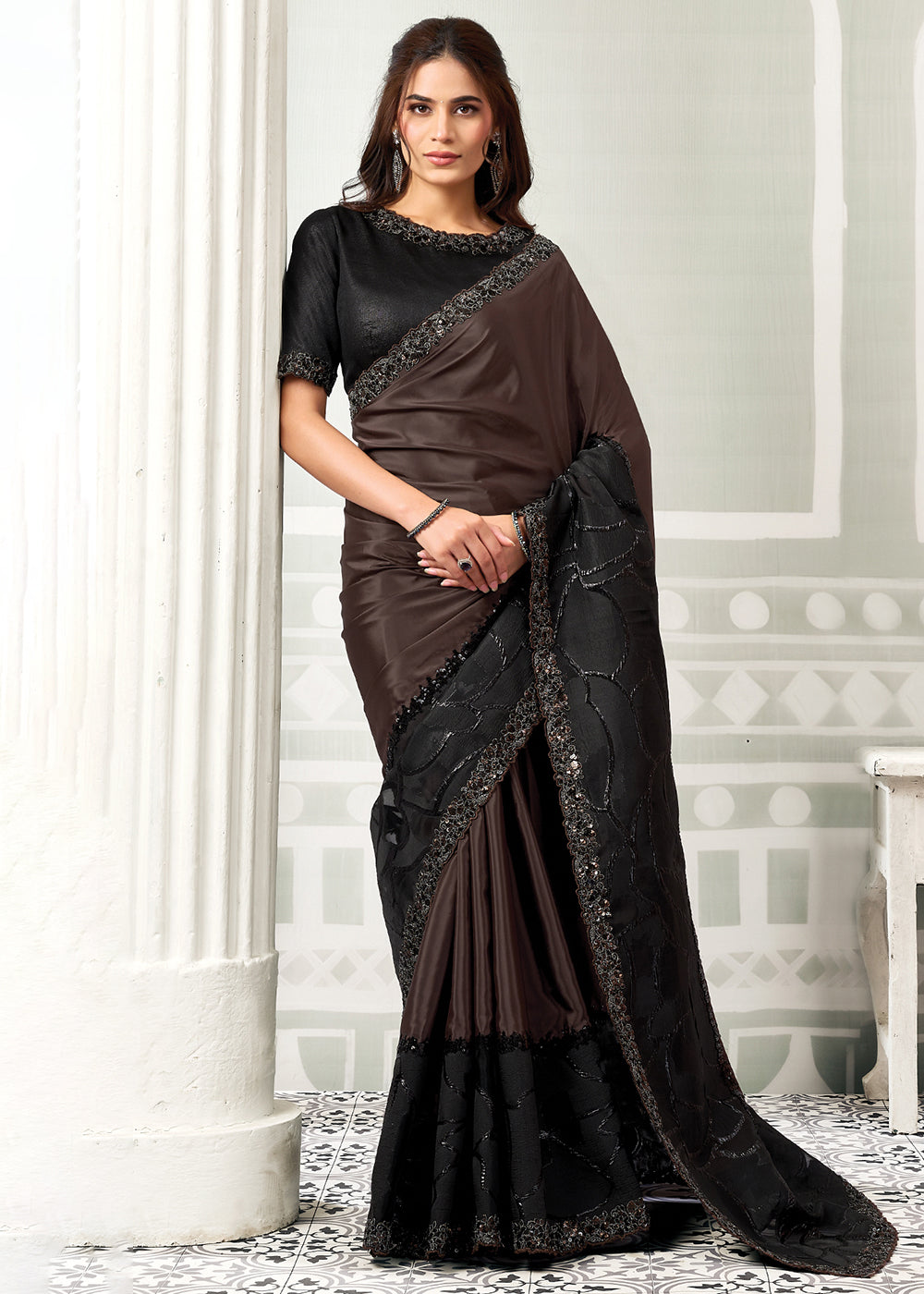 Buy Now Black &amp; Brown Embroidered Designer Festive Party Wear Saree Online in US, UK, Canada, France, Germany, Denmark, Sweden, Italy &amp; Worldwide at Empress.