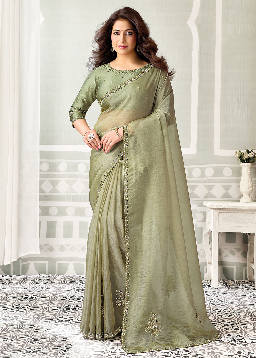 Buy Now Pista Green Embroidered Designer Festive Party Wear Saree Online in US, UK, Canada, France, Germany, Denmark, Sweden, Italy, UAE &amp; Worldwide at Empress.