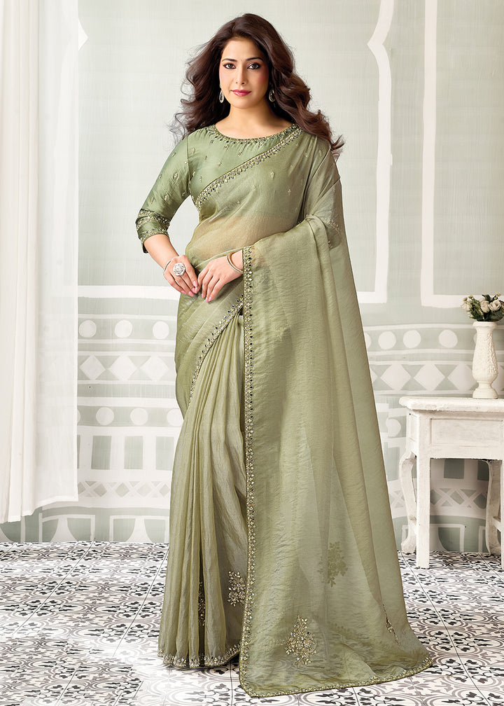 Buy Now Pista Green Embroidered Designer Festive Party Wear Saree Online in US, UK, Canada, France, Germany, Denmark, Sweden, Italy, UAE &amp; Worldwide at Empress.