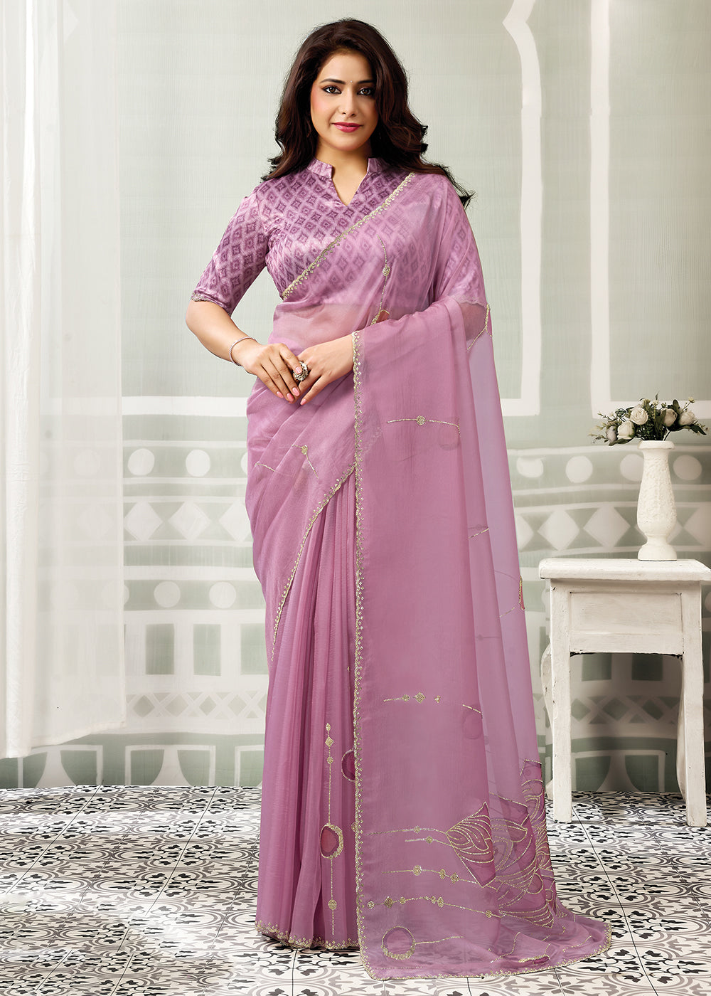 Buy Now Rose Pink Embroidered Designer Festive Party Wear Saree Online in US, UK, Canada, France, Germany, Denmark, Sweden, Italy, UAE &amp; Worldwide at Empress.
