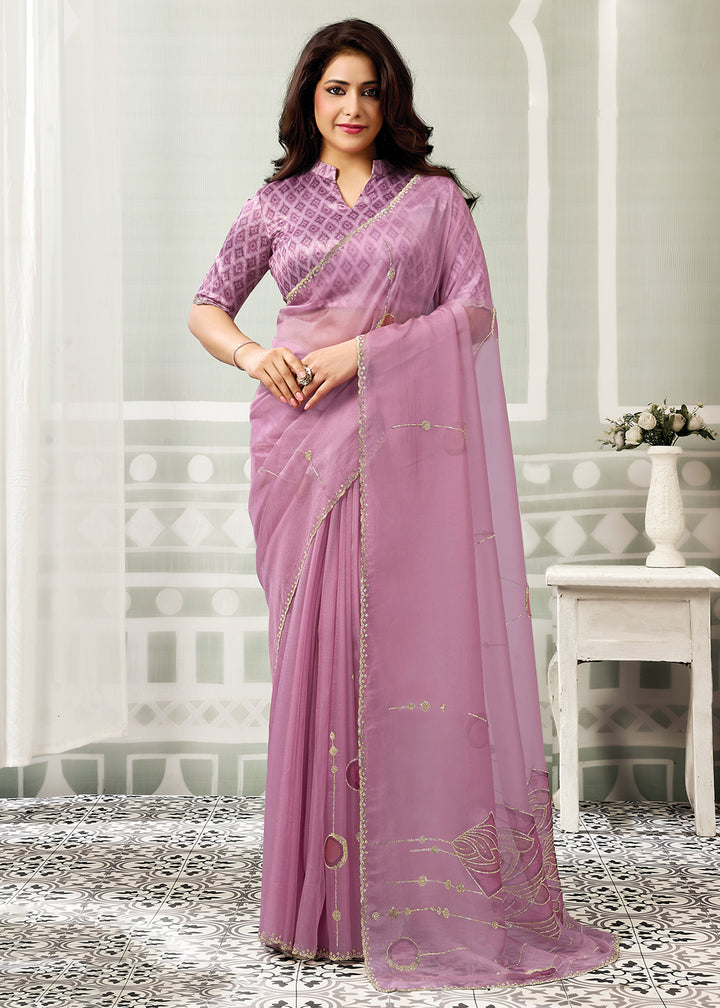 Buy Now Rose Pink Embroidered Designer Festive Party Wear Saree Online in US, UK, Canada, France, Germany, Denmark, Sweden, Italy, UAE &amp; Worldwide at Empress.
