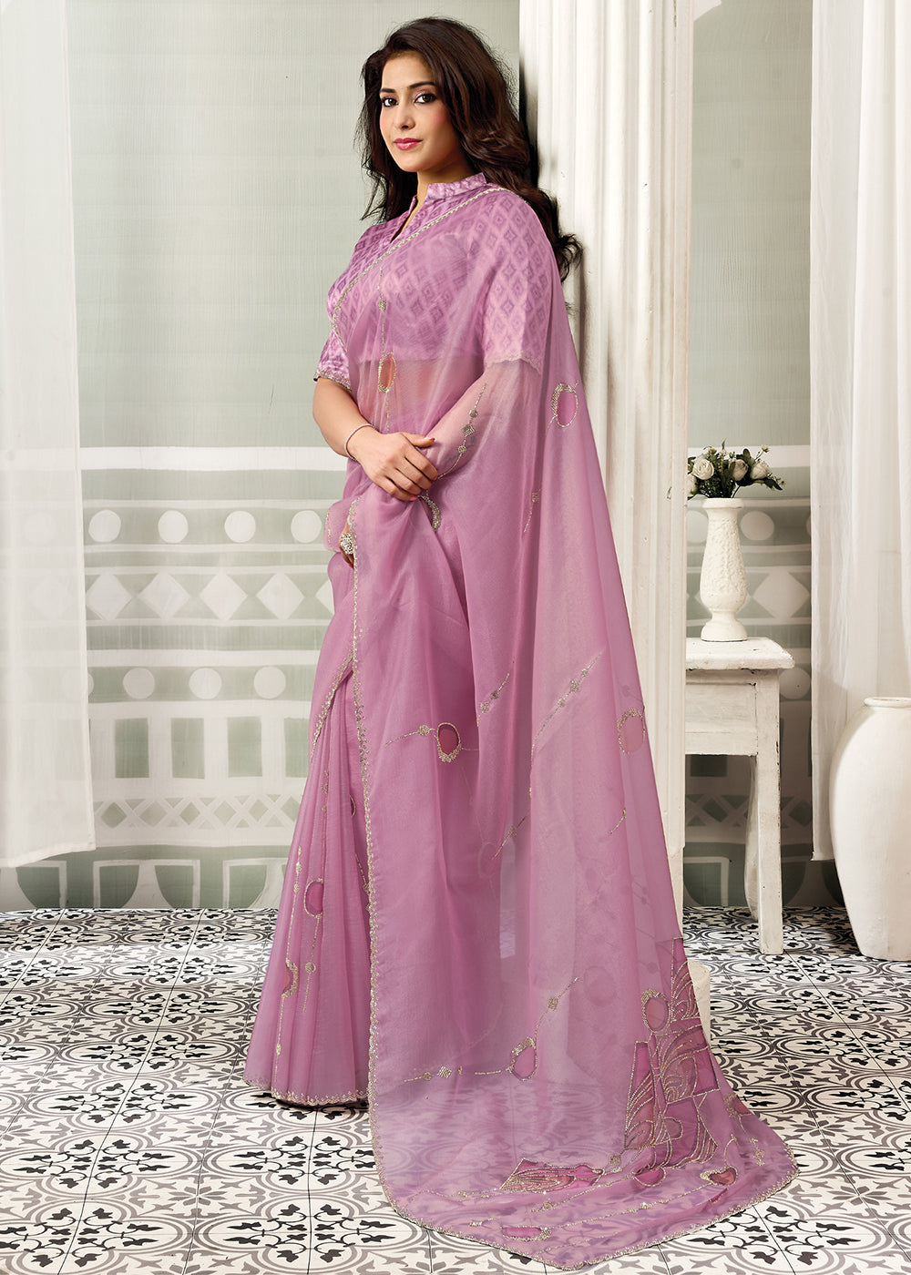 Buy Now Rose Pink Embroidered Designer Festive Party Wear Saree Online in US, UK, Canada, France, Germany, Denmark, Sweden, Italy, UAE &amp; Worldwide at Empress.