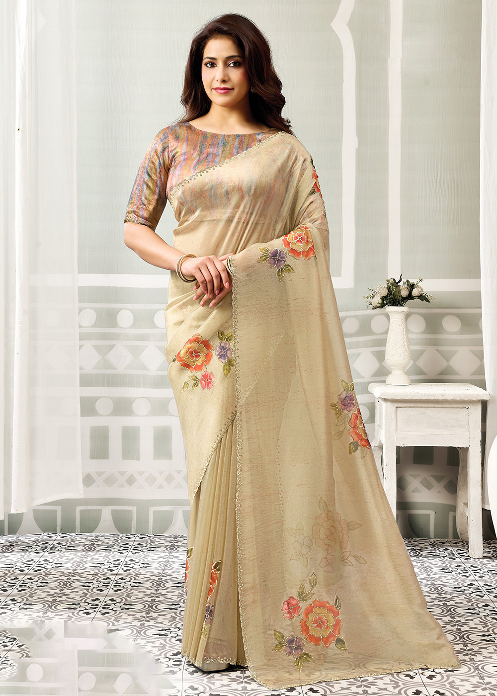 Buy Now Chiku Beige Embroidered Designer Festive Party Wear Saree Online in US, UK, Canada, France, Germany, Denmark, Sweden, Italy, UAE &amp; Worldwide at Empress.