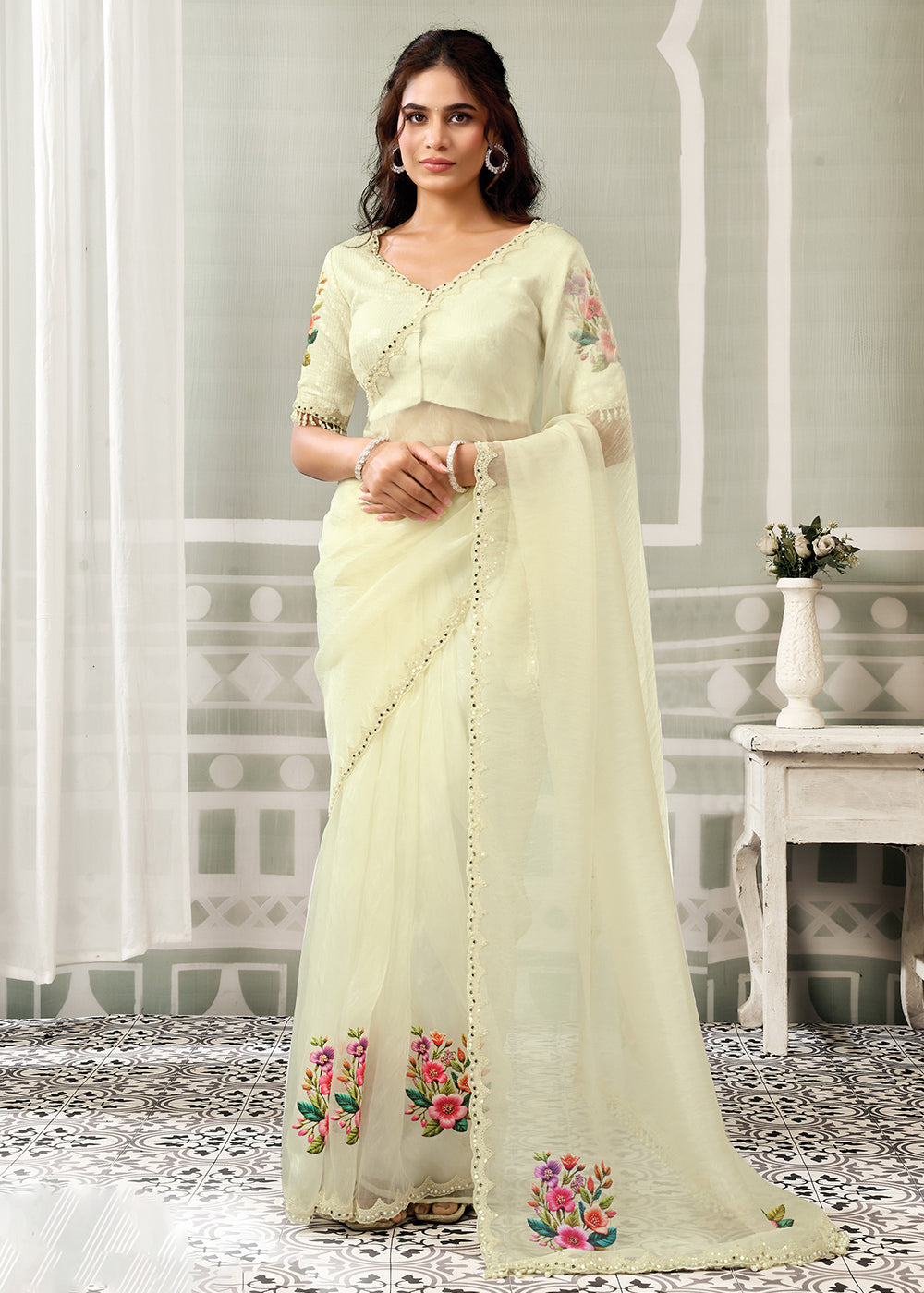 Buy Now Cream Embroidered Designer Festive Party Wear Saree Online in US, UK, Canada, France, Germany, Denmark, Sweden, Italy, UAE &amp; Worldwide at Empress.