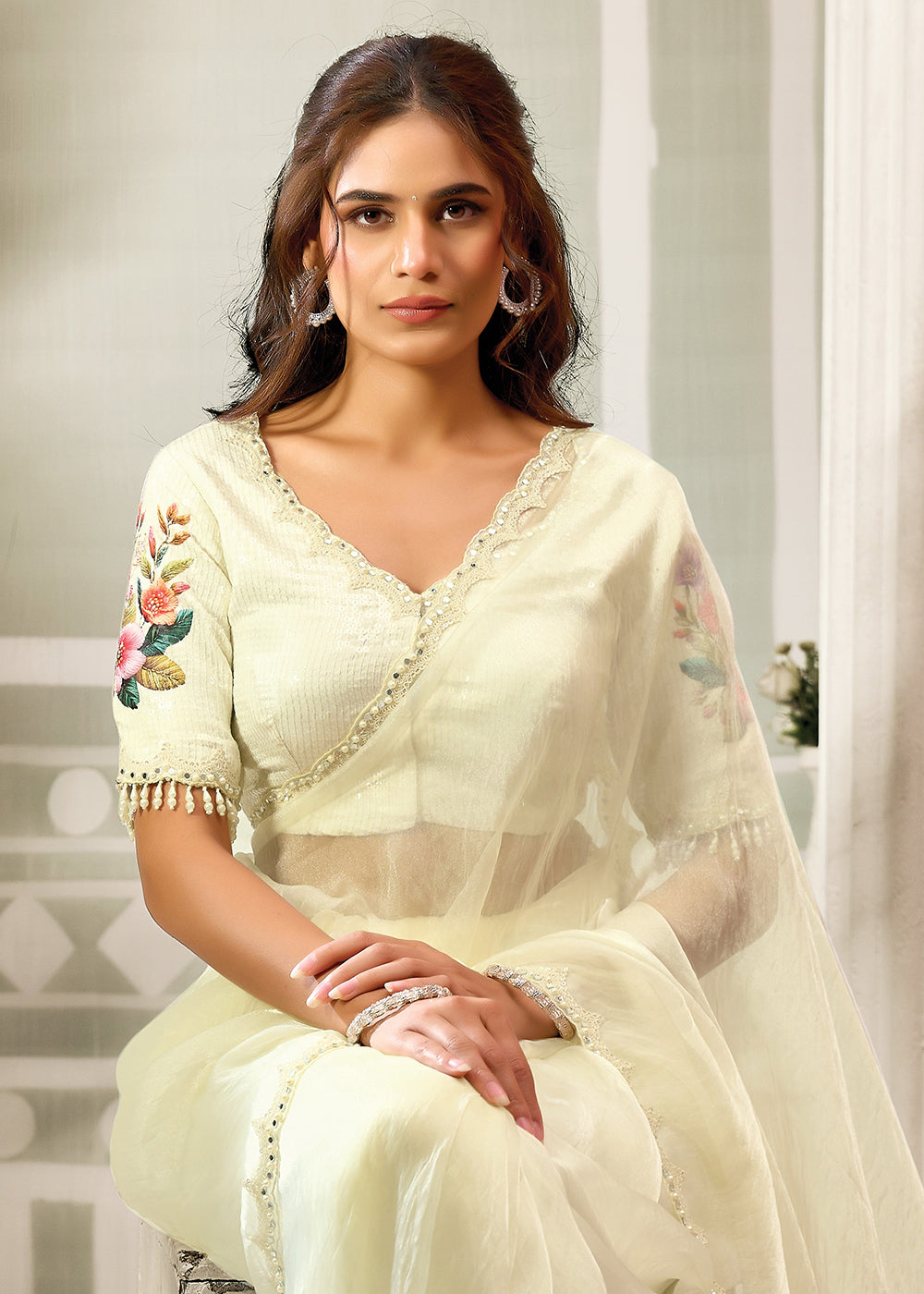 Buy Now Cream Embroidered Designer Festive Party Wear Saree Online in US, UK, Canada, France, Germany, Denmark, Sweden, Italy, UAE & Worldwide at Empress.
