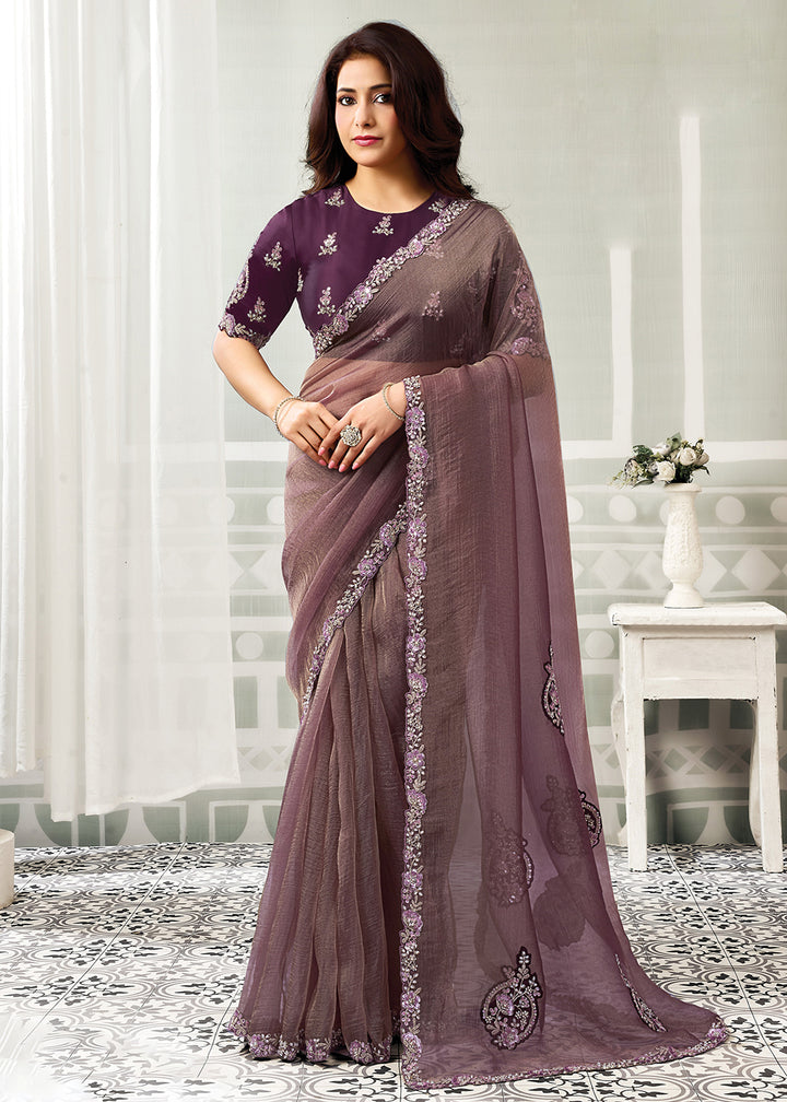 Buy Now Wine Embroidered Designer Festive Party Wear Saree Online in US, UK, Canada, France, Germany, Denmark, Sweden, Italy, UAE &amp; Worldwide at Empress.