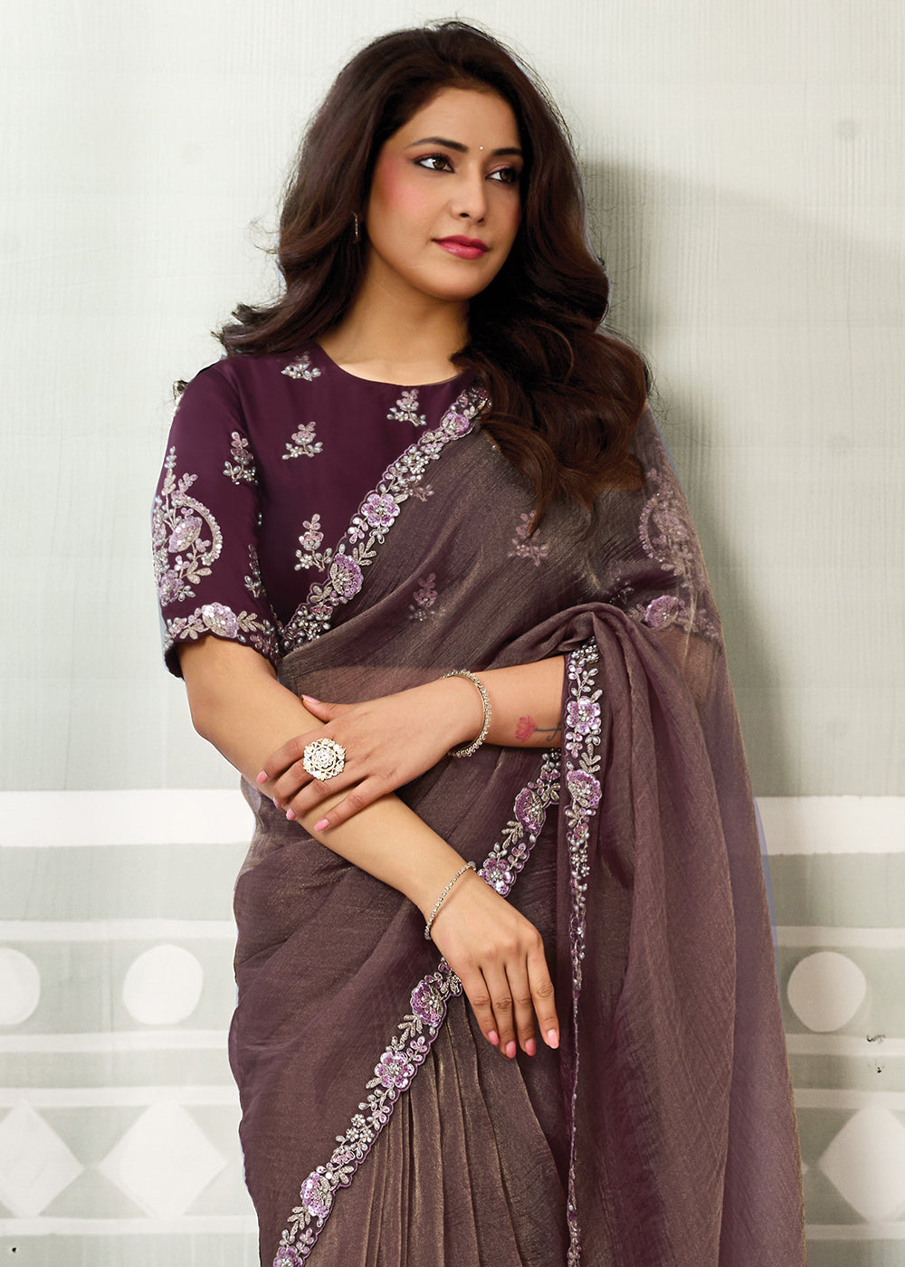 Buy Now Wine Embroidered Designer Festive Party Wear Saree Online in US, UK, Canada, France, Germany, Denmark, Sweden, Italy, UAE &amp; Worldwide at Empress.
