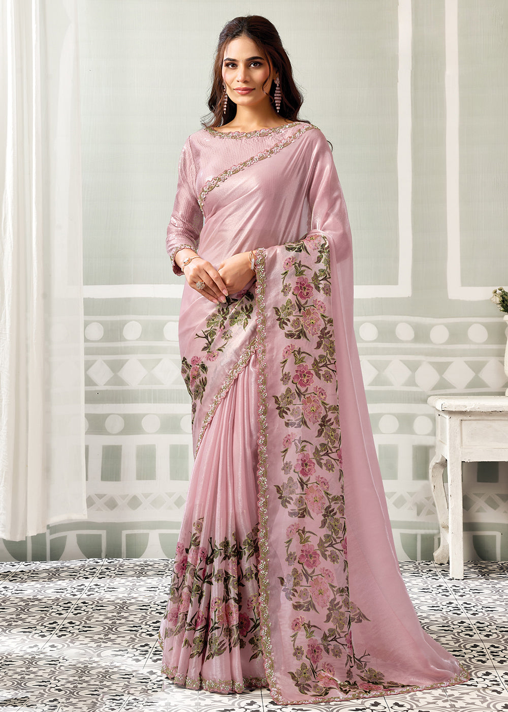Buy Now Blush Pink Embroidered Designer Festive Party Wear Saree Online in US, UK, Canada, France, Germany, Denmark, Sweden, Italy, UAE &amp; Worldwide at Empress.