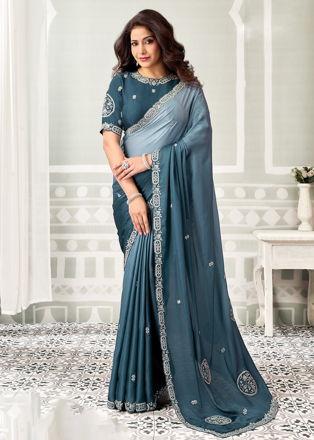 Buy Now Blue Grey Embroidered Designer Festive Party Wear Saree Online in US, UK, Canada, France, Germany, Denmark, Sweden, Italy, UAE &amp; Worldwide at Empress.