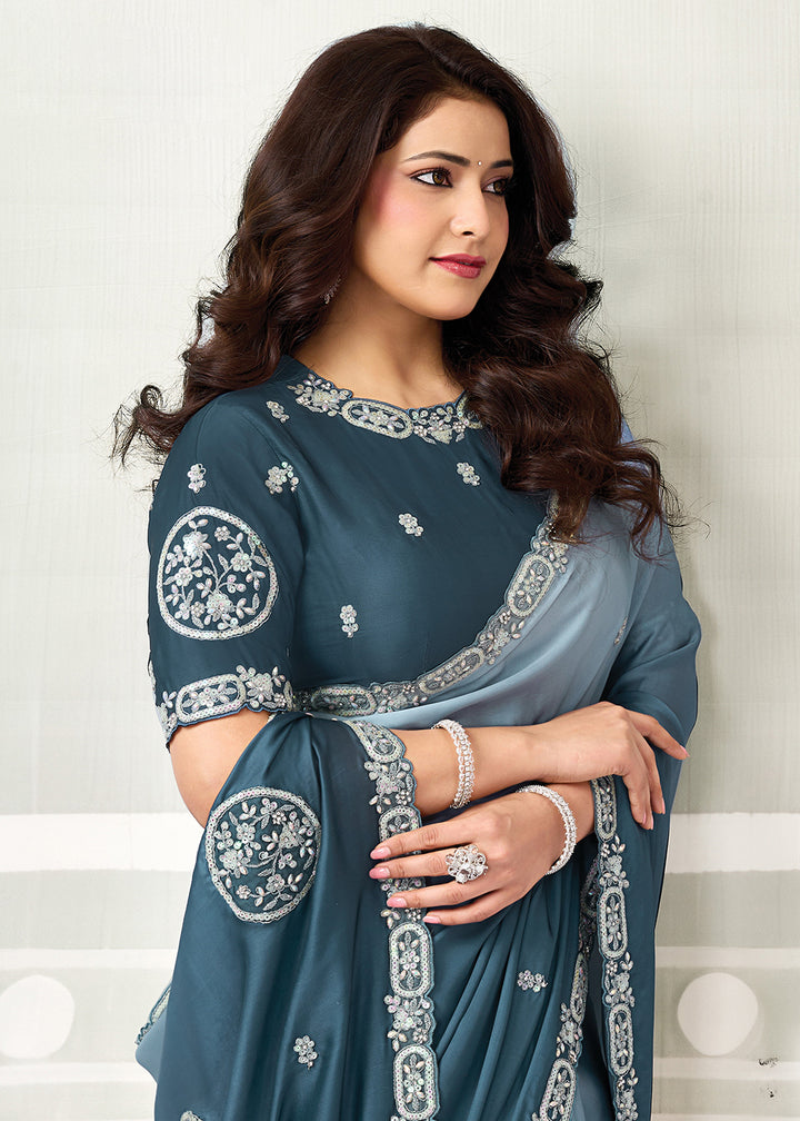 Buy Now Blue Grey Embroidered Designer Festive Party Wear Saree Online in US, UK, Canada, France, Germany, Denmark, Sweden, Italy, UAE &amp; Worldwide at Empress.