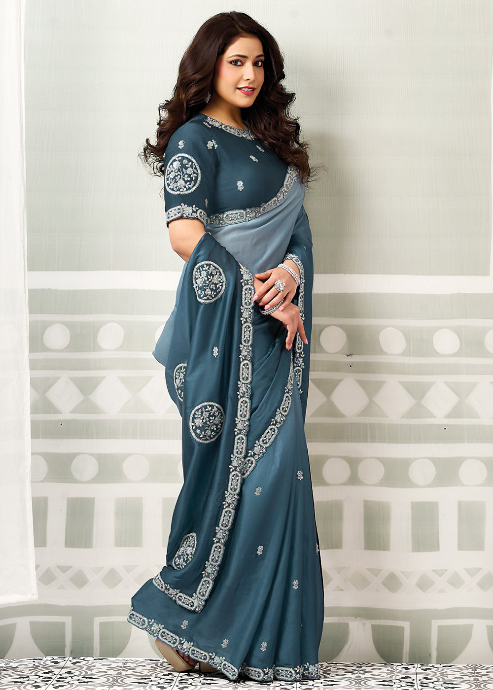 Buy Now Blue Grey Embroidered Designer Festive Party Wear Saree Online in US, UK, Canada, France, Germany, Denmark, Sweden, Italy, UAE &amp; Worldwide at Empress.