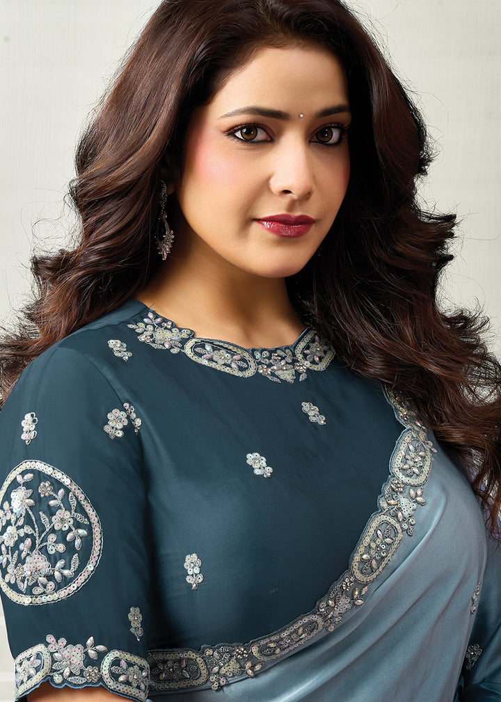Buy Now Blue Grey Embroidered Designer Festive Party Wear Saree Online in US, UK, Canada, France, Germany, Denmark, Sweden, Italy, UAE &amp; Worldwide at Empress.