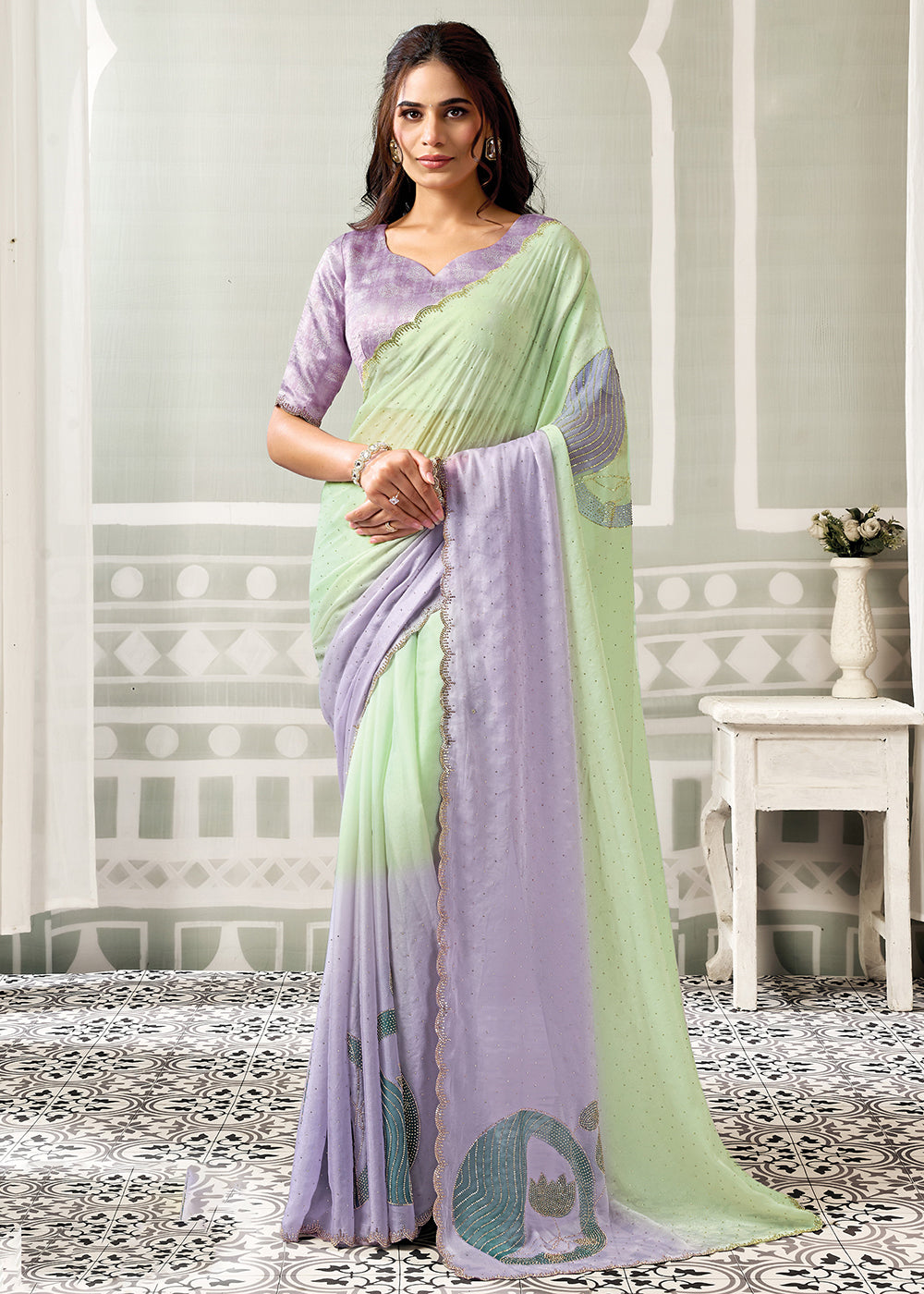 Buy Now Lavender Embroidered Designer Festive Party Wear Saree Online in US, UK, Canada, France, Germany, Denmark, Sweden, Italy, UAE &amp; Worldwide at Empress.