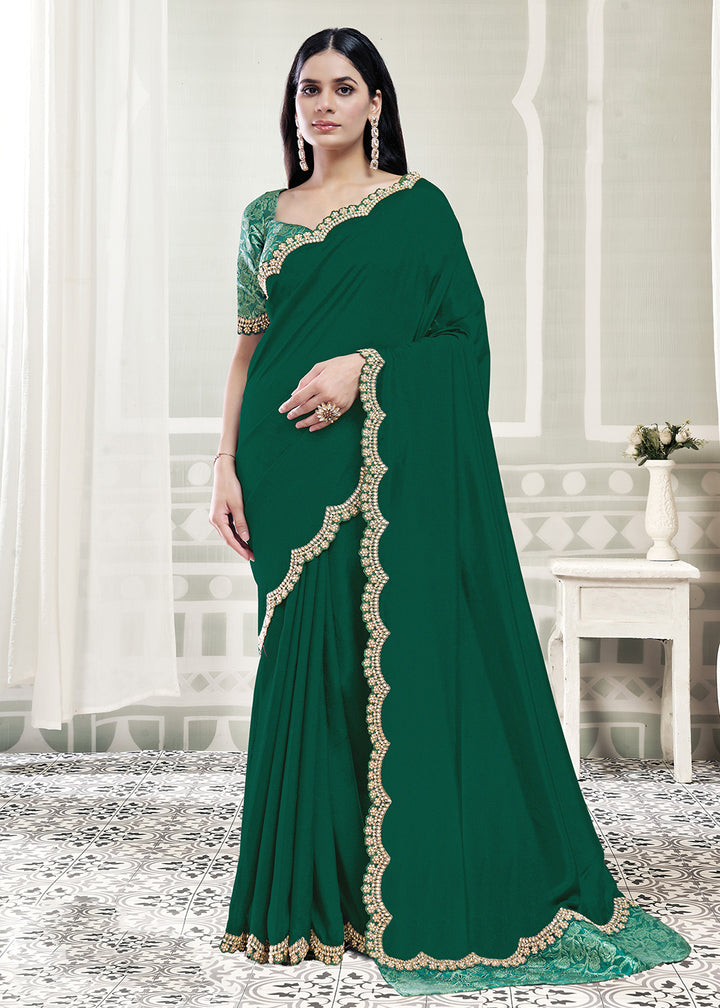 Buy Now Green Embroidered Designer Festive Party Wear Saree Online in US, UK, Canada, France, Germany, Denmark, Sweden, Italy, Greece &amp; Worldwide at Empress.