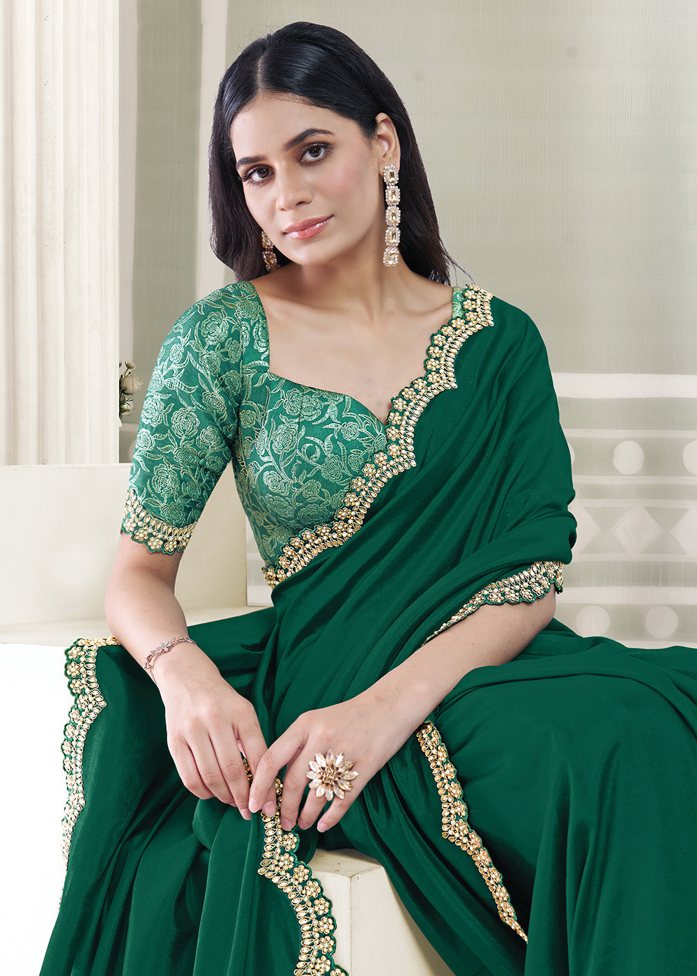 Buy Now Green Embroidered Designer Festive Party Wear Saree Online in US, UK, Canada, France, Germany, Denmark, Sweden, Italy, Greece & Worldwide at Empress.