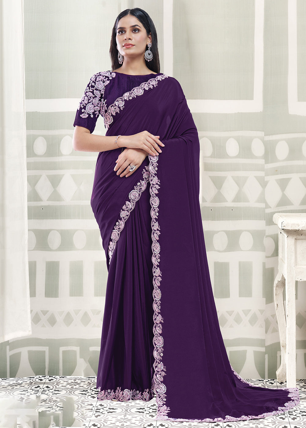 Buy Now Dark Purple Embroidered Designer Festive Party Wear Saree Online in US, UK, Canada, France, Germany, Denmark, Sweden, Italy, UAE &amp; Worldwide at Empress.