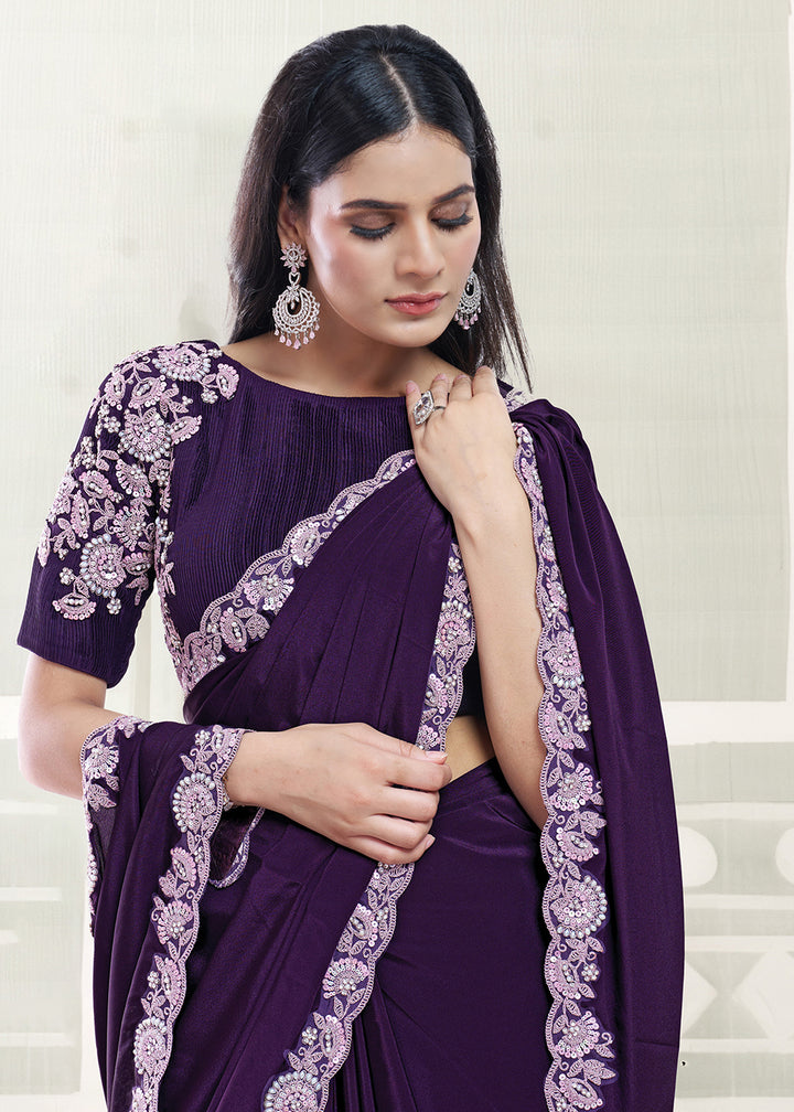 Buy Now Dark Purple Embroidered Designer Festive Party Wear Saree Online in US, UK, Canada, France, Germany, Denmark, Sweden, Italy, UAE &amp; Worldwide at Empress.