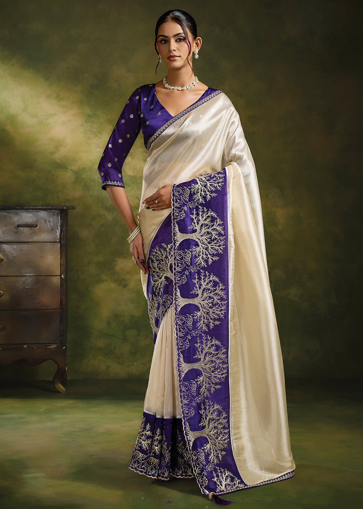 Buy Now Cream Purple Organza Tissue Silk Festive Wear Saree Set Online in US, UK, Canada, France, Germany, Denmark, Sweden, Austria, UAE &amp; Worldwide at Empress.