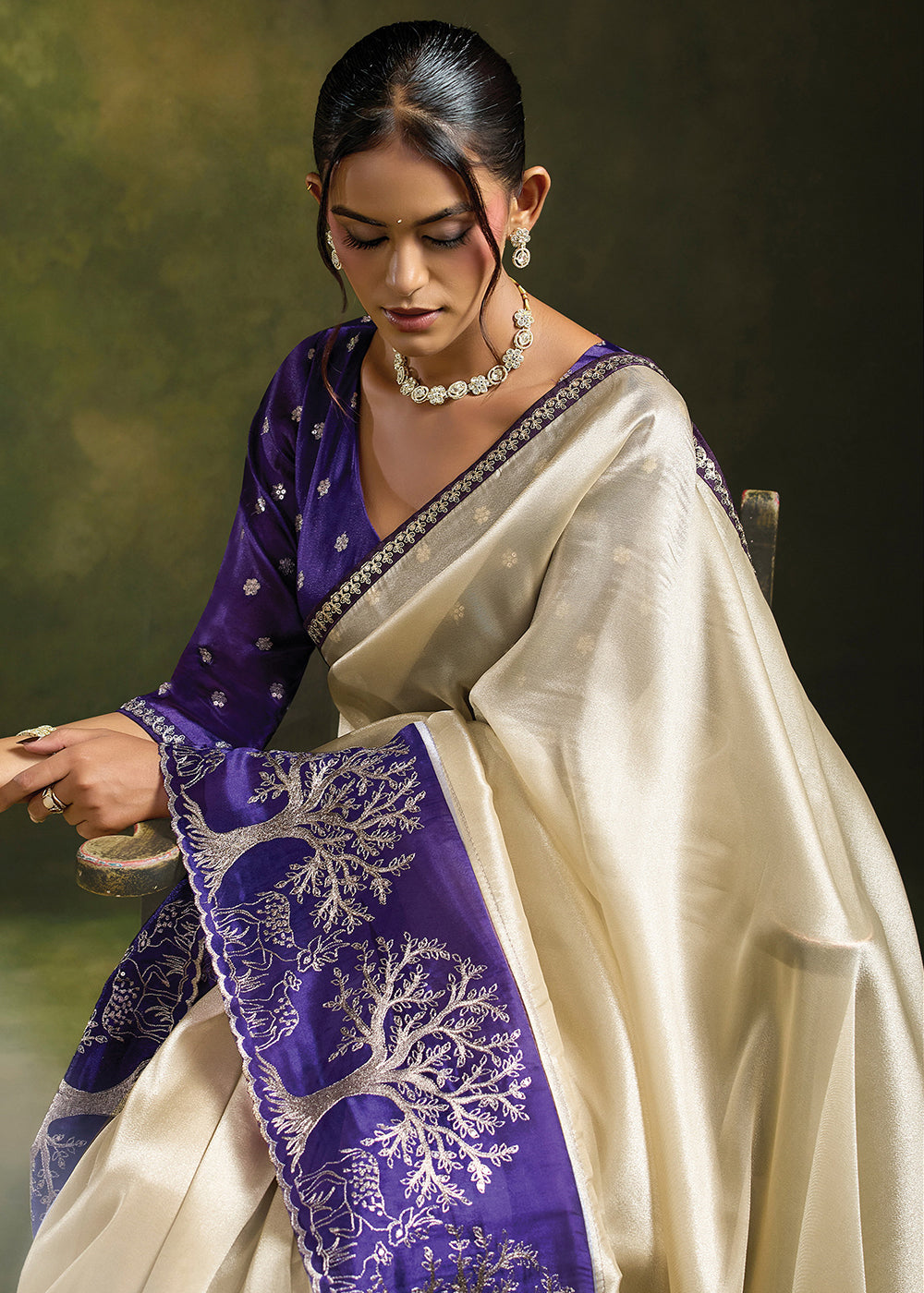 Buy Now Cream Purple Organza Tissue Silk Festive Wear Saree Set Online in US, UK, Canada, France, Germany, Denmark, Sweden, Austria, UAE & Worldwide at Empress.