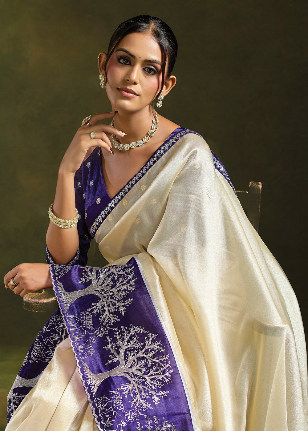Buy Now Cream Purple Organza Tissue Silk Festive Wear Saree Set Online in US, UK, Canada, France, Germany, Denmark, Sweden, Austria, UAE &amp; Worldwide at Empress.