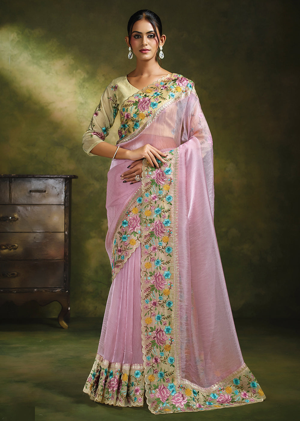 Buy Now Pink Organza Tissue Silk Festive Wear Saree Set Online in US, UK, Canada, France, Germany, Denmark, Sweden, Austria, Australia & Worldwide at Empress.