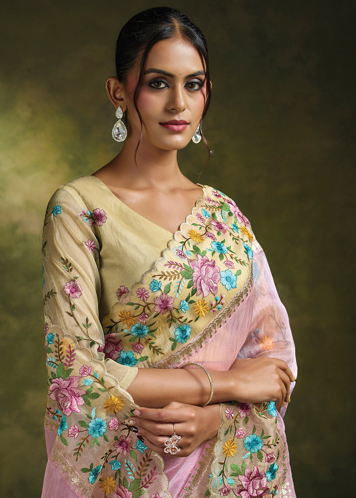 Buy Now Pink Organza Tissue Silk Festive Wear Saree Set Online in US, UK, Canada, France, Germany, Denmark, Sweden, Austria, Australia &amp; Worldwide at Empress.