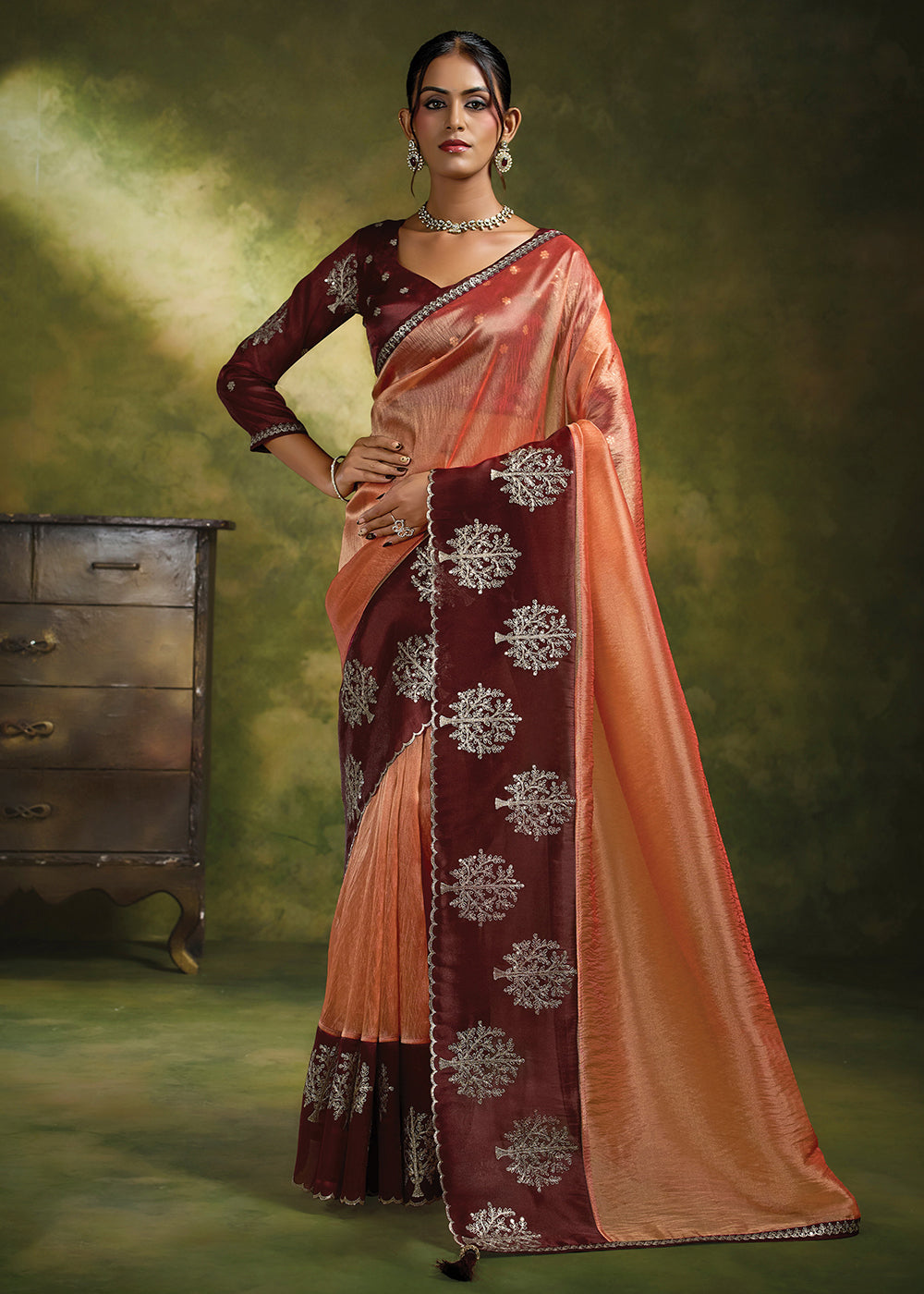 Buy Now Orange Organza Tissue Silk Festive Wear Saree Set Online in US, UK, Canada, France, Germany, Denmark, Sweden, Austria, Australia & Worldwide at Empress.