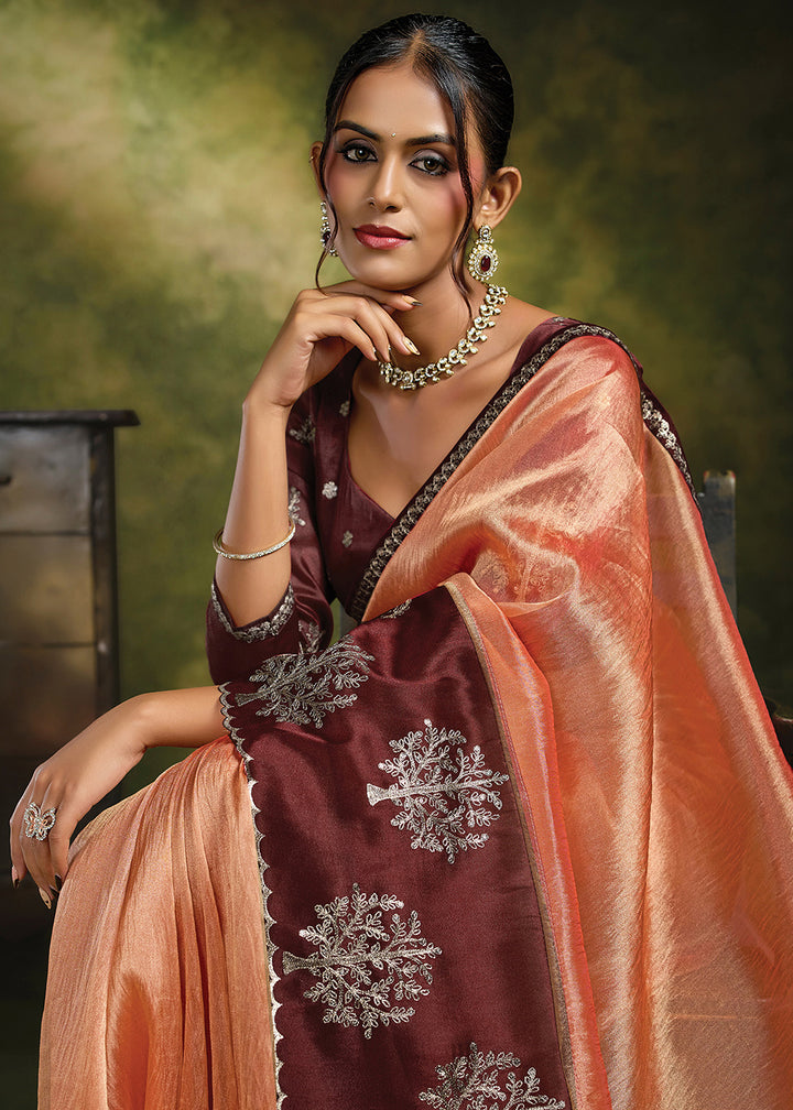 Buy Now Orange Organza Tissue Silk Festive Wear Saree Set Online in US, UK, Canada, France, Germany, Denmark, Sweden, Austria, Australia &amp; Worldwide at Empress.