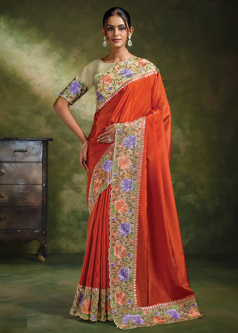 Buy Now Rust Natural Crepe Satin Festive Wear Saree Set Online in US, UK, Canada, France, Germany, Denmark, Sweden, Austria, Australia & Worldwide at Empress