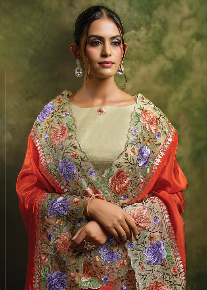 Buy Now Rust Natural Crepe Satin Festive Wear Saree Set Online in US, UK, Canada, France, Germany, Denmark, Sweden, Austria, Australia &amp; Worldwide at Empress