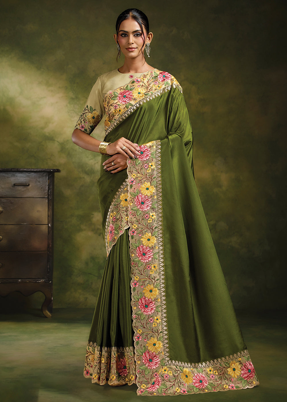 Buy Now Mehndi Green Natural Crepe Satin Festive Wear Saree Set Online in US, UK, Canada, France, Germany, Denmark, Sweden, Austria, UAE & Worldwide at Empress.