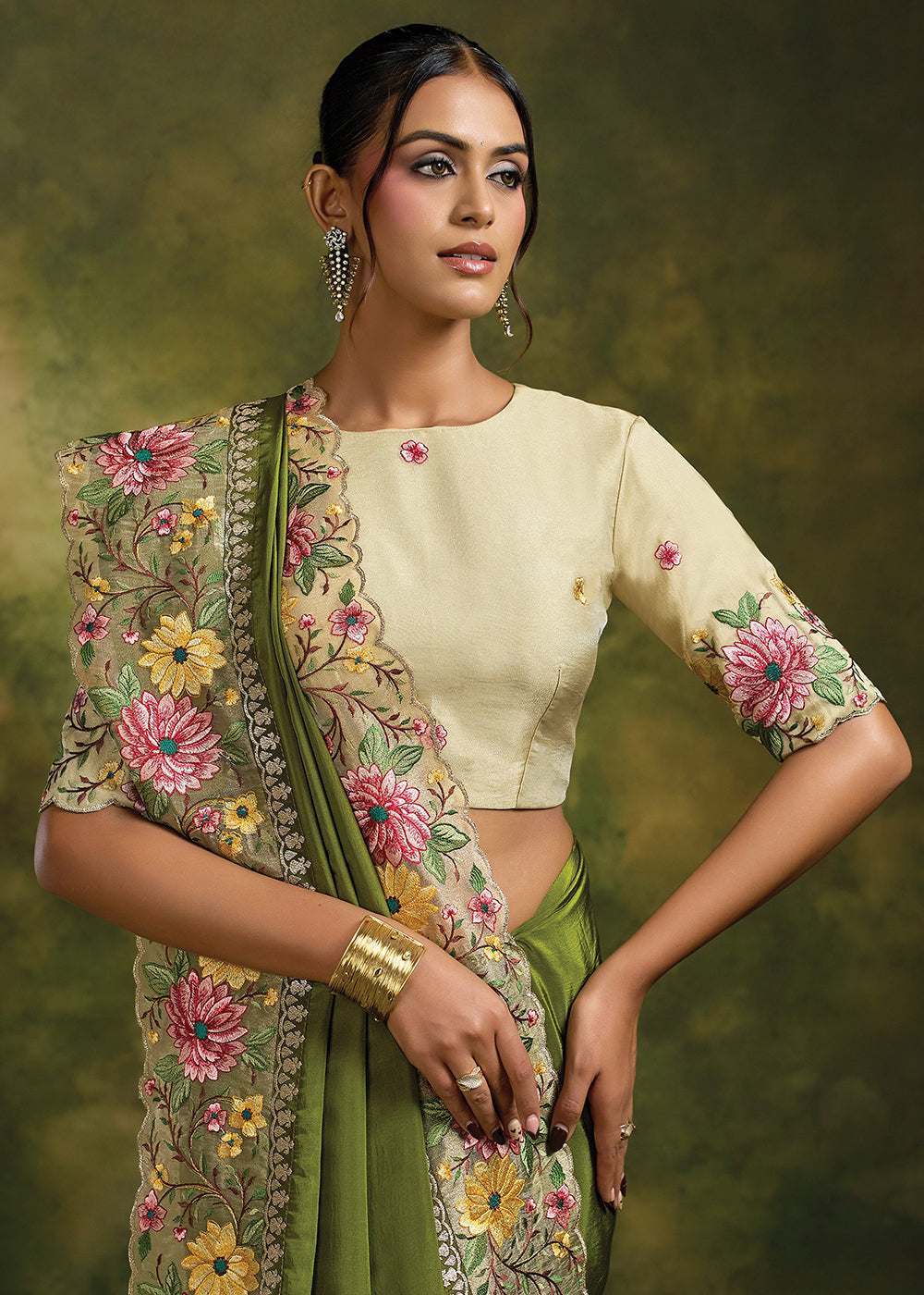 Buy Now Mehndi Green Natural Crepe Satin Festive Wear Saree Set Online in US, UK, Canada, France, Germany, Denmark, Sweden, Austria, UAE & Worldwide at Empress.