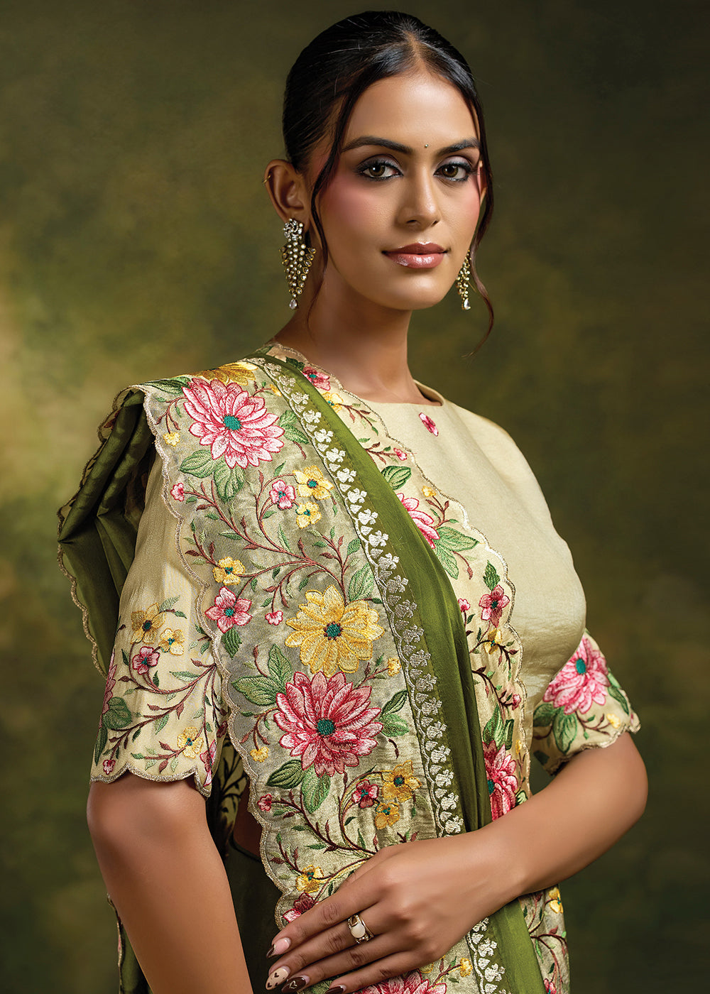 Buy Now Mehndi Green Natural Crepe Satin Festive Wear Saree Set Online in US, UK, Canada, France, Germany, Denmark, Sweden, Austria, UAE &amp; Worldwide at Empress.