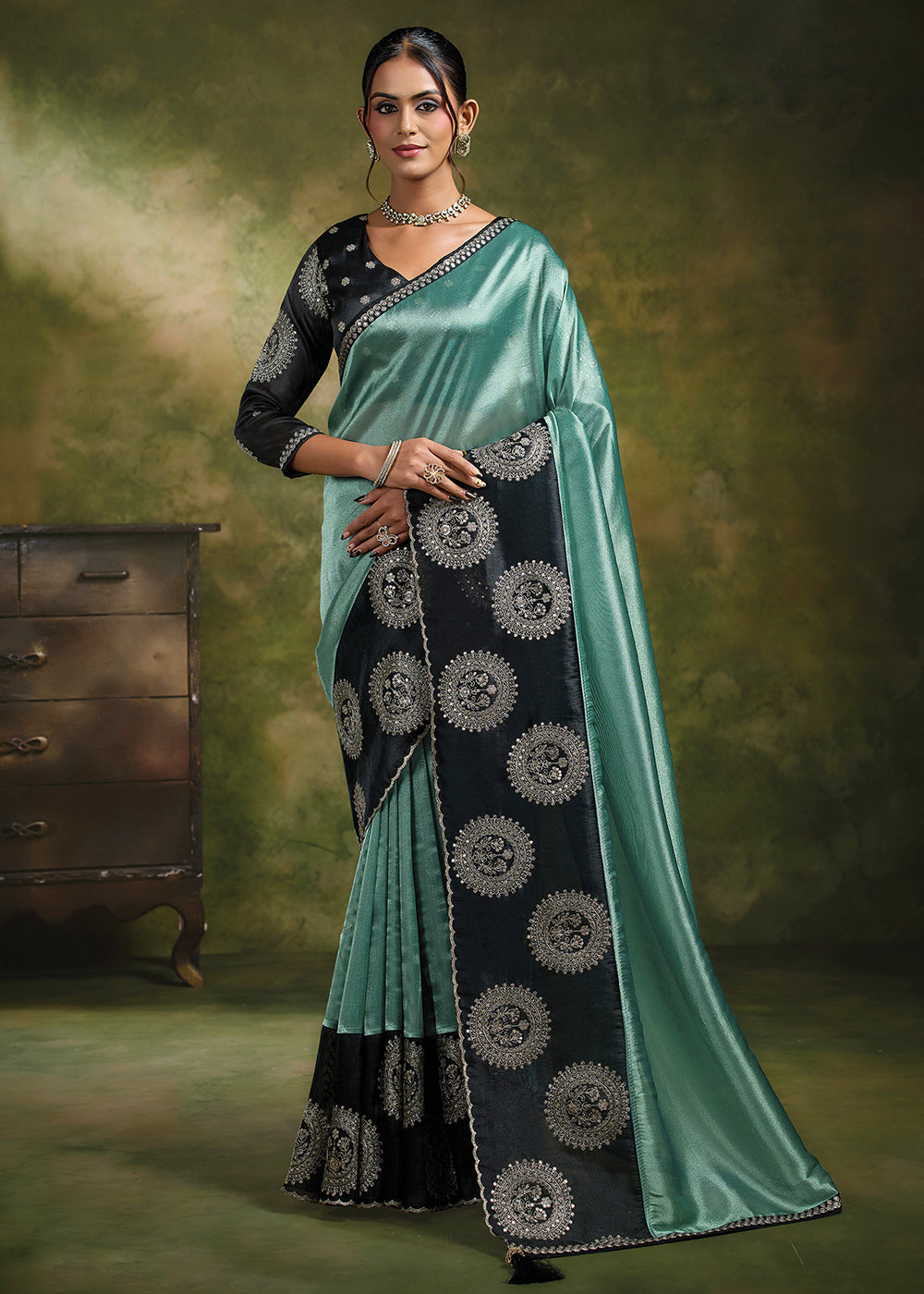 Buy Now Sea Green Organza Tissue Silk Festive Wear Saree Set Online in US, UK, Canada, France, Germany, Denmark, Sweden, Austria, UAE & Worldwide at Empress.