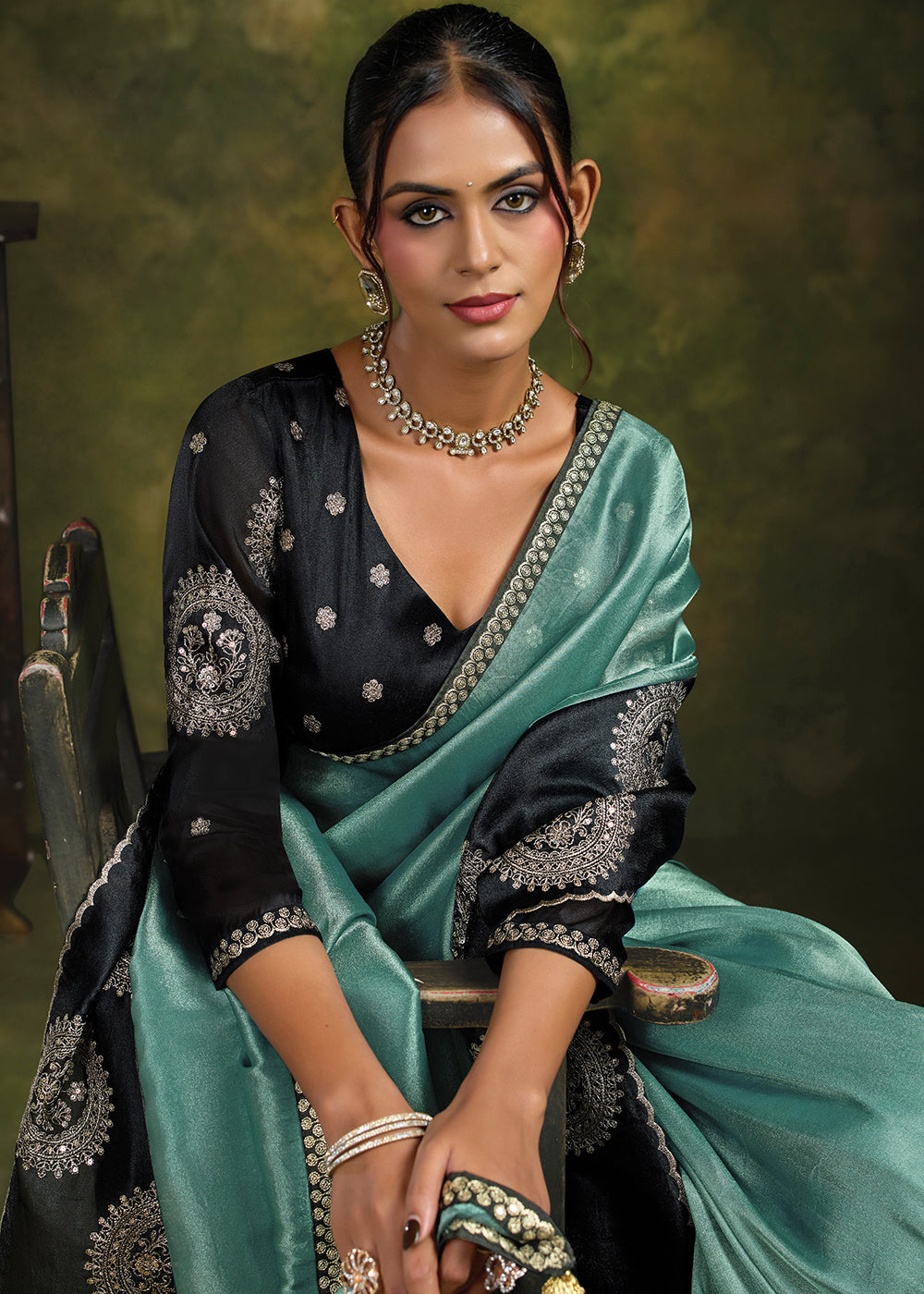Buy Now Sea Green Organza Tissue Silk Festive Wear Saree Set Online in US, UK, Canada, France, Germany, Denmark, Sweden, Austria, UAE & Worldwide at Empress.