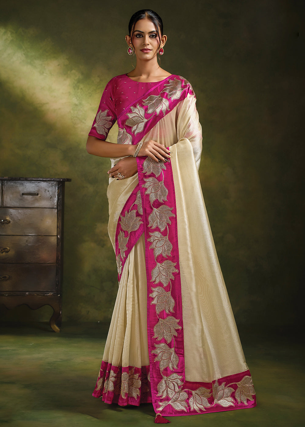 Buy Now Cream Rani Organza Tissue Silk Festive Wear Saree Set Online in US, UK, Canada, France, Germany, Denmark, Sweden, Austria, UAE & Worldwide at Empress.