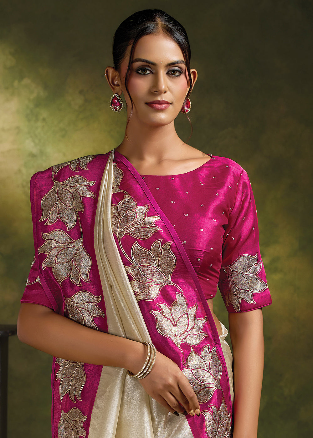 Buy Now Cream Rani Organza Tissue Silk Festive Wear Saree Set Online in US, UK, Canada, France, Germany, Denmark, Sweden, Austria, UAE & Worldwide at Empress.