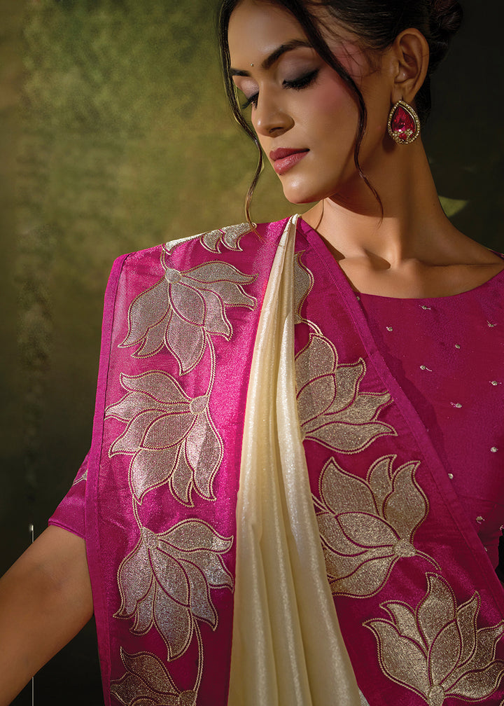 Buy Now Cream Rani Organza Tissue Silk Festive Wear Saree Set Online in US, UK, Canada, France, Germany, Denmark, Sweden, Austria, UAE &amp; Worldwide at Empress.