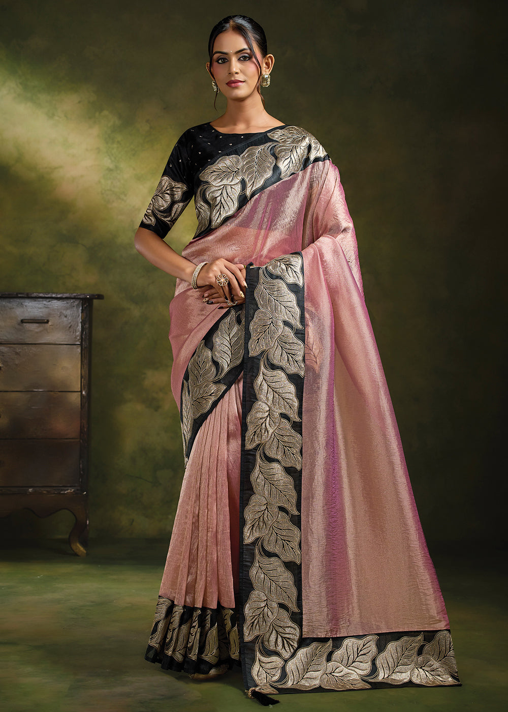 Buy Now Dusty Pink Organza Tissue Silk Festive Wear Saree Set Online in US, UK, Canada, France, Germany, Denmark, Sweden, Austria, UAE & Worldwide at Empress.