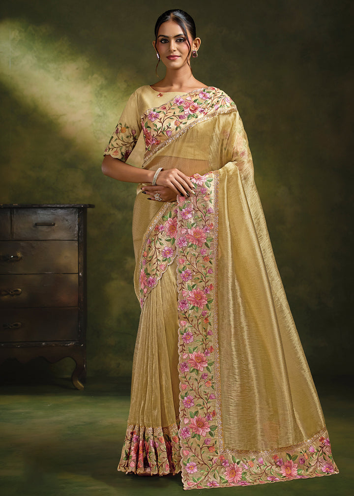 Buy Now Cream Organza Tissue Silk Festive Wear Saree Set Online in US, UK, Canada, France, Germany, Denmark, Sweden, Austria, Australia &amp; Worldwide at Empress.