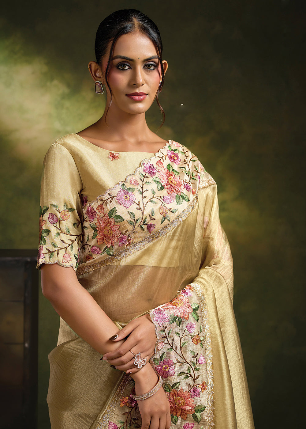 Buy Now Cream Organza Tissue Silk Festive Wear Saree Set Online in US, UK, Canada, France, Germany, Denmark, Sweden, Austria, Australia & Worldwide at Empress.