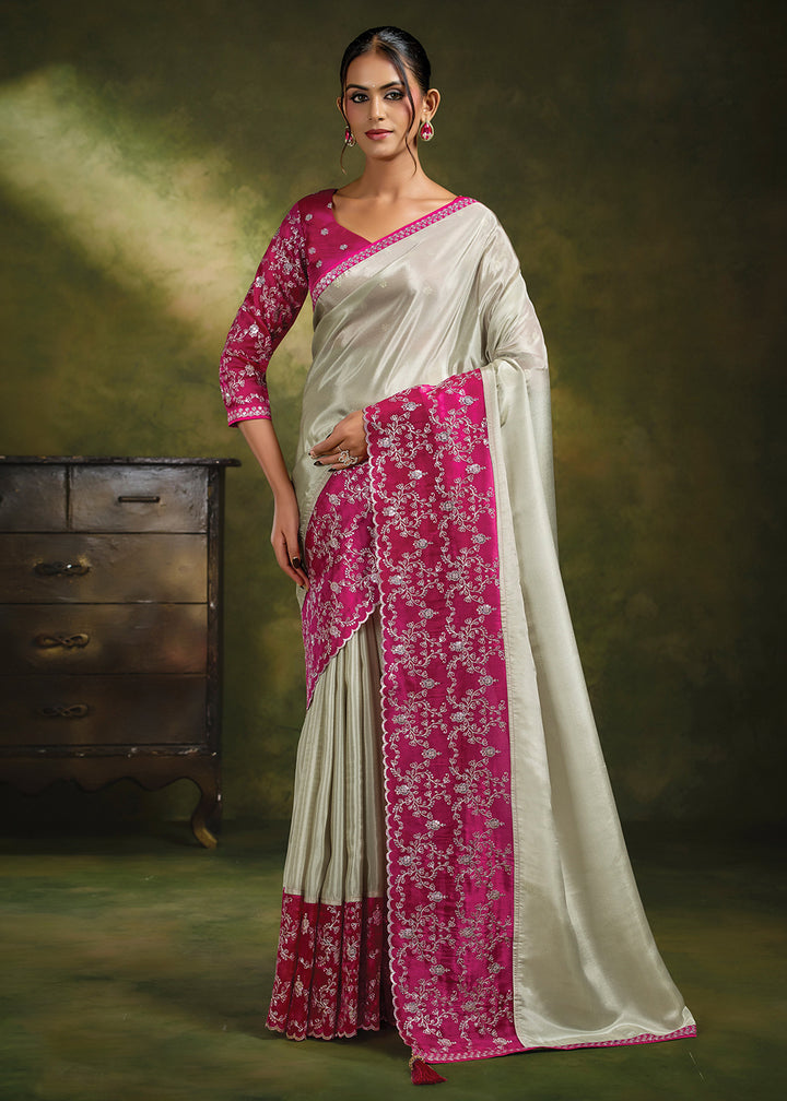 Buy Now Rani Cream Organza Tissue Silk Festive Wear Saree Set Online in US, UK, Canada, France, Germany, Denmark, Sweden, Austria, UAE &amp; Worldwide at Empress.