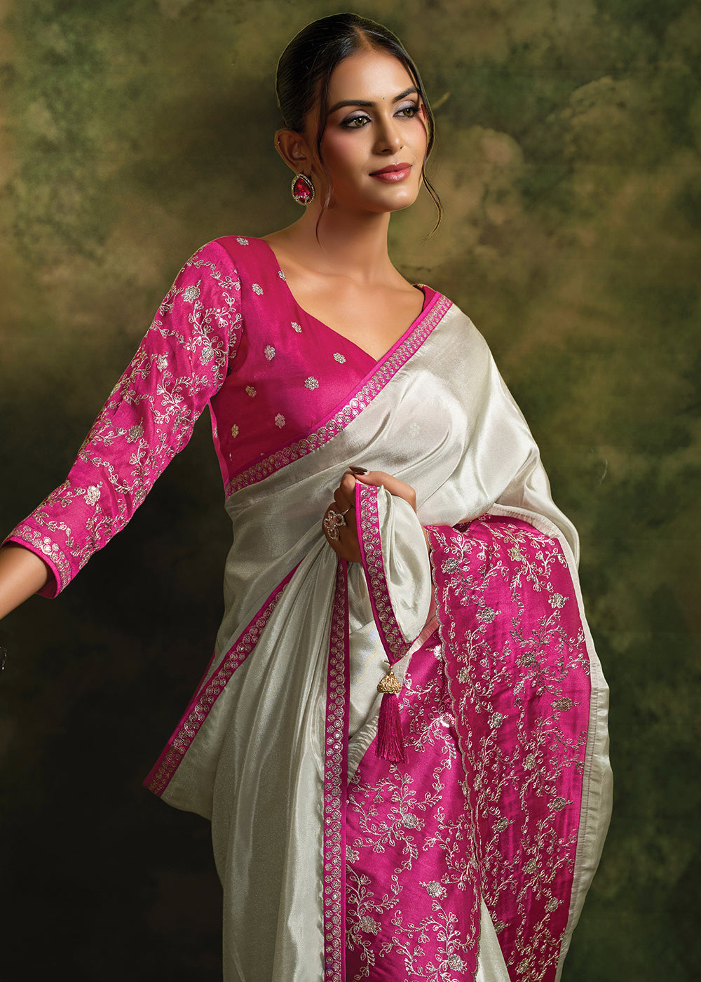 Buy Now Rani Cream Organza Tissue Silk Festive Wear Saree Set Online in US, UK, Canada, France, Germany, Denmark, Sweden, Austria, UAE &amp; Worldwide at Empress.