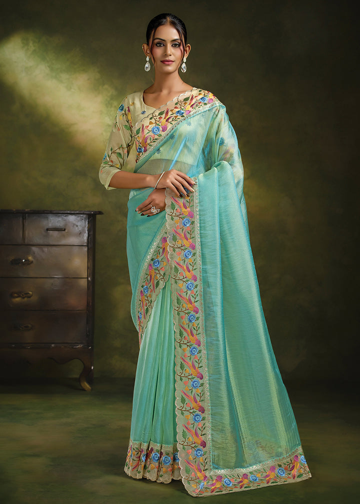 Buy Now Green Organza Tissue Silk Festive Wear Saree Set Online in US, UK, Canada, France, Germany, Denmark, Sweden, Austria, Australia &amp; Worldwide at Empress.