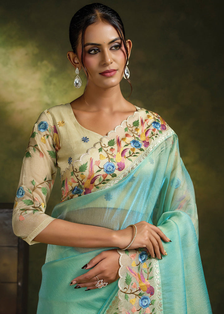 Buy Now Green Organza Tissue Silk Festive Wear Saree Set Online in US, UK, Canada, France, Germany, Denmark, Sweden, Austria, Australia &amp; Worldwide at Empress.