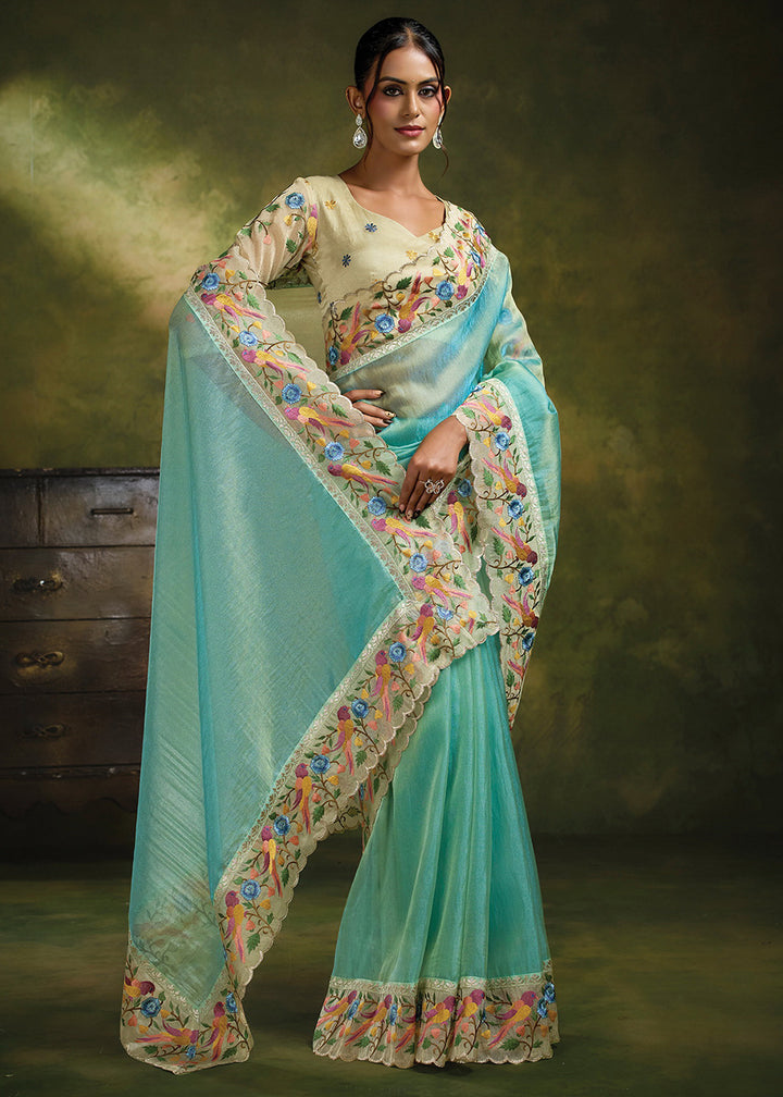 Buy Now Green Organza Tissue Silk Festive Wear Saree Set Online in US, UK, Canada, France, Germany, Denmark, Sweden, Austria, Australia &amp; Worldwide at Empress.