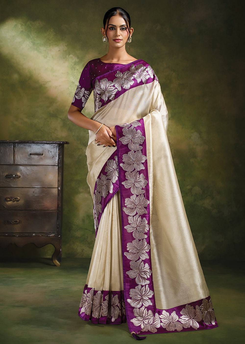 Buy Now Purple Cream Organza Tissue Silk Festive Wear Saree Set Online in US, UK, Canada, France, Germany, Denmark, Sweden, Austria, UAE & Worldwide at Empress.