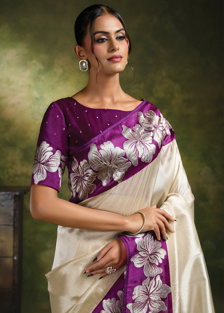 Buy Now Purple Cream Organza Tissue Silk Festive Wear Saree Set Online in US, UK, Canada, France, Germany, Denmark, Sweden, Austria, UAE &amp; Worldwide at Empress.