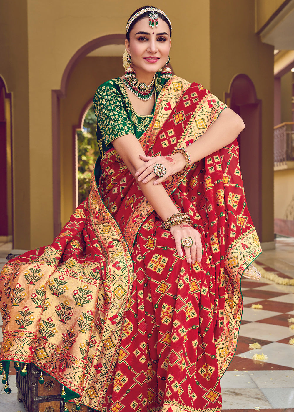 Buy Now Pure Georgette Viscose Crimson Red Wedding Traditional Saree Online in USA, UK, Canada & Worldwide at Empress Clothing.