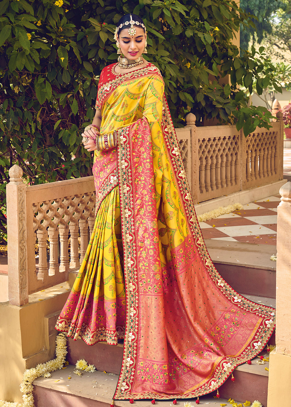 Buy Now Patna Patola Pure Silk Yellow & Red Wedding Traditional Saree Online in USA, UK, Canada & Worldwide at Empress Clothing. 